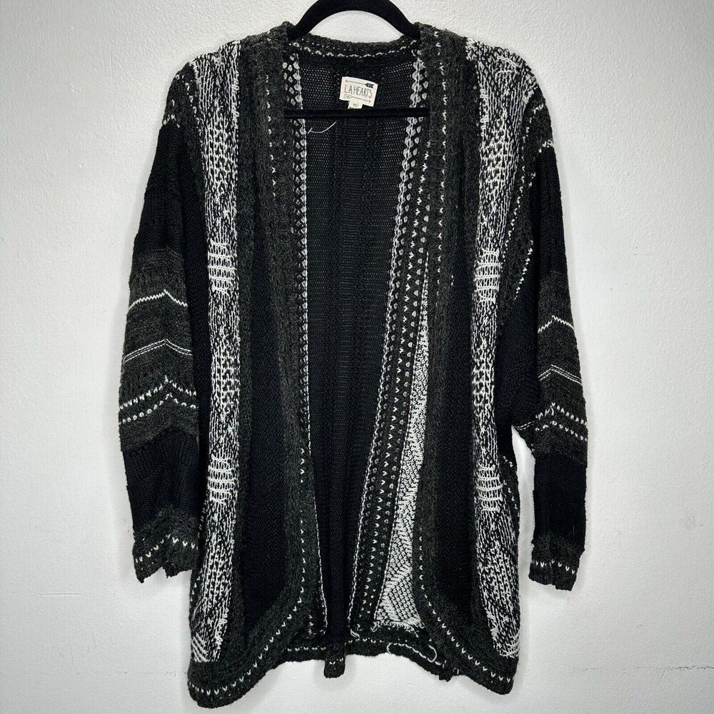 LA Hearts Black Gray and Cream Striped Knit Long Line Open Cardigan Sweater OS - Picture 2 of 14